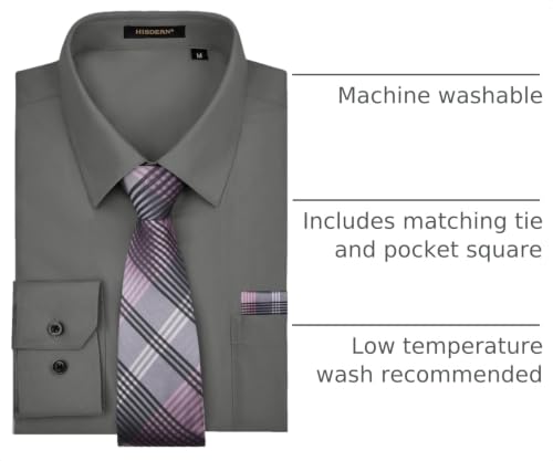 Image of HISDERN Mens Dress Shirt with Tie Pocket Square Set Classic Button Down Shirt Matching Tie Long Sleeve Shirts