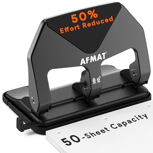 AFMAT Heavy Duty 3 Hole Punch 50-Sheet Capacity 50% Reduced Effort Three Hole Puncher for Binder 10K+ Uses Large Chip Tray Adjustable Paper Guide Office Metal Paper Puncher 3 Ring HP20(Black)