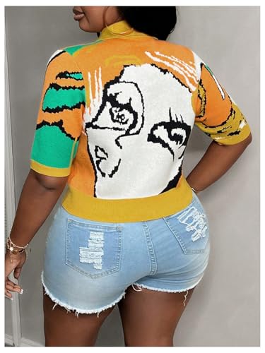 Image of WDIRARA Women's Plus Size Graphic Print Cardigan Button Down Sweaters Short Sleeve Cardigans