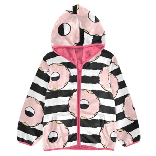OTVEE Donuts Pink Icing Black Striped Pattern Kids Hoodie Jacket Fall Spring Full Zip Warm Outwear Coat