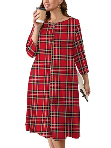 Image of AusLook Women's Plus Midi Dresses Crew Neck A Line 3 /4 Sleeves Casual Elegant Loose Wedding Vacation Dress with Pockets