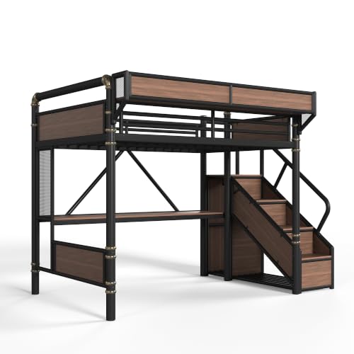 Image of Bellemave Full loft Bed with Storage Stairs, Wardrobe, Shelves, Metal Full Loft Bed Frame for Adults, Kids, Teens, Black+Natural Wood with Black Stairs