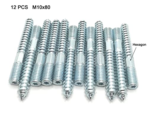 Image of Hanger Bolt M10x80 Silvery Double Headed Bolt Self-Tapping Screw with Hexagon for Furniture 12Pcs