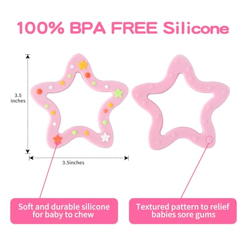 Image of Jimibaby Silicone Star Teether, Christmas, Holiday teether, the First Teething Toy for Baby Boys and Girls,100% BPA Free, Easy to Hold, Ideal Stocking Stuffers for Baby boy and Girl (Star Pink)