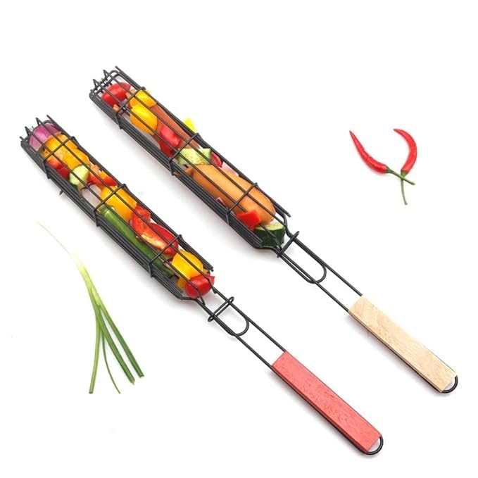 Non Stick Kabab Baskets Kabob BBQ Grill Baskets and Set with 1 Grill Baskets, Durable Stainless Steel Grill Baskets with Lockable Grid and Wooden Handle Barbecue Basket Kitchen Accessories