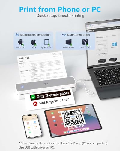 Image of PRT MT610 Inkless Portable Printer Wireless Thermal Mobile Printers with Carry Case & 200 Sheets Paper, Supports 8.5 inchx11 inch US Letter & A4, Bluetooth Travel Printer for Laptop, iOS & Android, Grey
