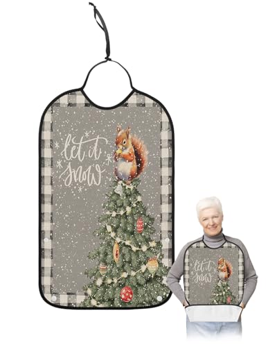 Christmas Buffalo Adult Bib for Adults Men, Women, Washable & Adjustable Terry Cloth Bib with Crumb Catcher Reusable Waterproof Clothing Clothes Protector Apron Plaid Grey Snowflake Snowy Tree