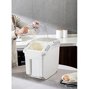 Hanamya 32 5 liter  35 lbs pet food storage container with measuring cup bpa free for dog food | cat food | rice | grain | flour white  gray 1 count   cucciolini doodles