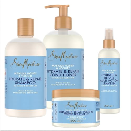 SheaMoisture Champú, 2 Acondicionadores y Tratamiento con Proteínas para cabello extremadamente seco y quebradizo con Miel de Manuka y Yogur pack de cuidado capilar 2x 384 ml, 1x 355 ml, 1x 237 ml