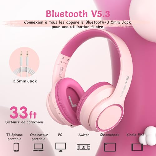 Casque Bluetooth sans fil enfant rose TONOSHARK avec micro - 6