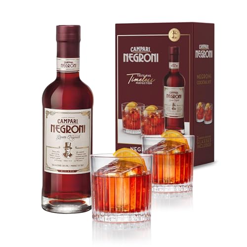 Campari Negroni Geschenkset 1x 0 5 l Campari Negroni im Set mit 2 Gläsern italienischer servierfertiger Pre-Dinner Cocktail