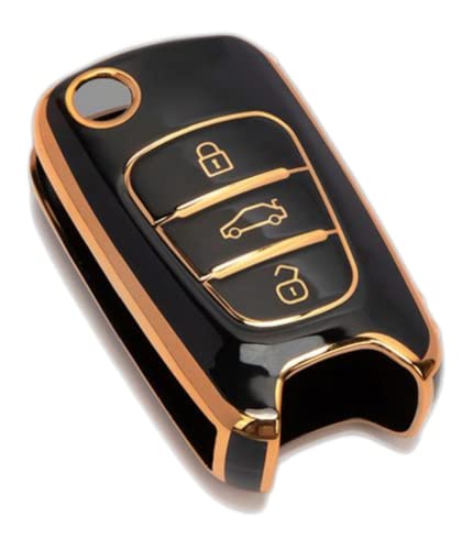 Image of TPU Car Key Cover Black & Golden Compatible for Hyundai Verna fluidic, Old I20, I10, Elantra (Hyundai, 3 Button Flip Key Old)