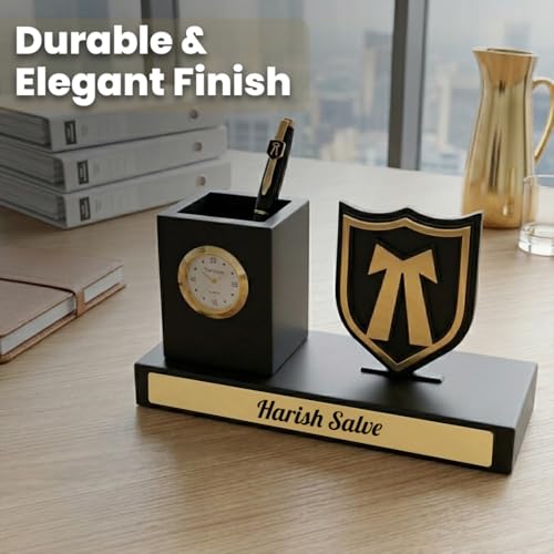 Image of Giftana 2 in 1 Personalized Advocate Pen Stand with Advocate Pen Gift Set for Men and Women, Wooden Desk Organizer with Advocate Emblem with Table Clock, Customised Corporate Gift Set for Employee