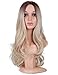 Fani Wigs Long Wavy Blond Ombre Wigs for Women Dark Roots Body Wave Middle Part Heat Resistant Synthetic Full Wig Cosplay Wigs with Free Wig Cap