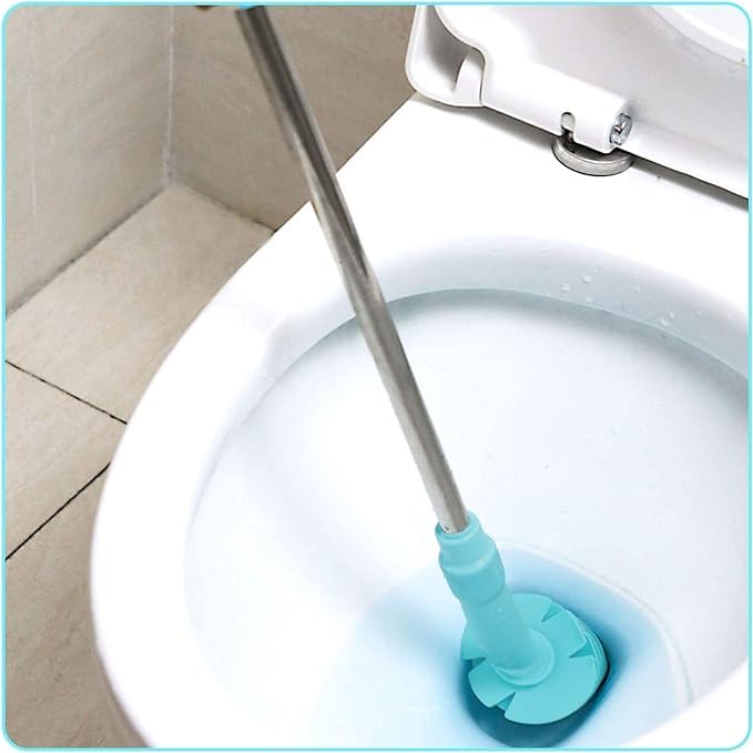 Sbloccante per WC resistente, a pistone, con testa in gomma flessibile da 72 cm, con manico in acciaio inox, per WC a sifone intasato (blu)