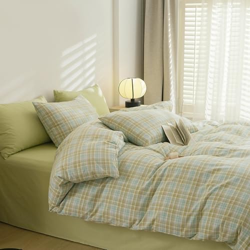 Image of EAVD Gingham Duvet Cover Full Multicolor Soft Washed Cotton Reversible Grid Plaid Duvet Cover Set with 2 Pillowcases Modern Farmhouse Gingham Bedding Set with Zipper Closure