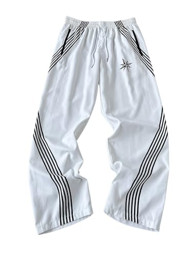 Men's Y2k Baggy Pants Striped Print Streetwear Track Pant Wide Leg Drawstring Waist Trousers with Pockets