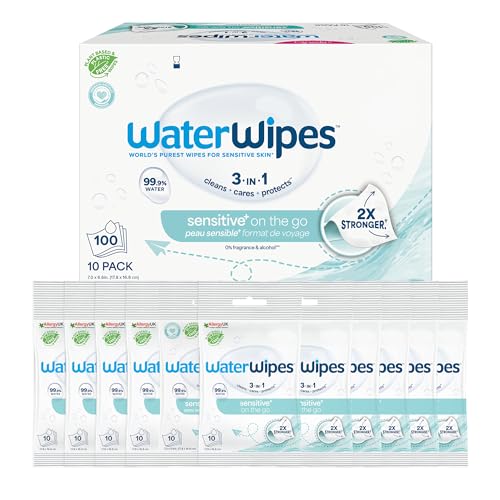 WaterWipes Sensitive+ On The Go Wipes 100 Count (10 Packs) 3-In-1 Cleans Cares Protects 99.9% Water Unscented Wet Wipes