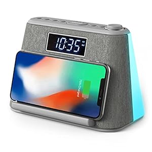 Wekkerradio met Draadloze Oplader, USB Oplader, Radiowekker Digitaal met FM-radio, Bluetooth, LED Nachtlampje RGB, Dimbaar LED-display, Alarm Clock (Grijs)