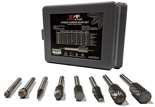 S & F STEAD & FAST Carbide Burr Set, 8pcs, Die Grinder Bits for Metal with ¼ Shank, Tungsten Rotary Burr Set, Grinder Burr Bits, Double Cut Carving Porting Tools