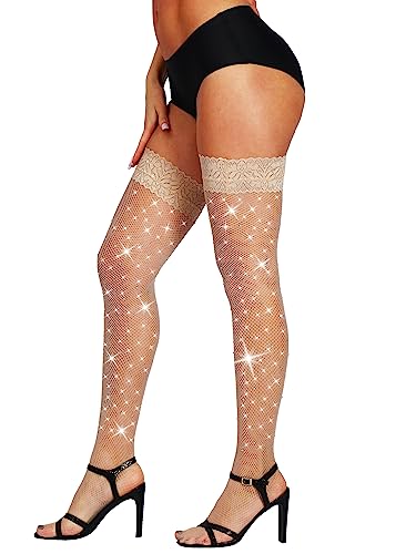 Image of SUREPOCH Sparkly Rhinestone Fishnet Thigh High Stockings for Women Silicone Lace Top