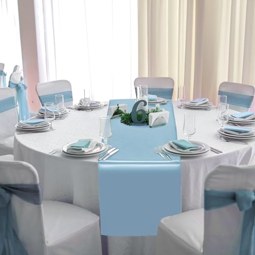 Image of 12Pack 12x108 Inch Satin Table Runner and 84 Inch Round Plastic Tablecloths White Light Blue Disposable Round Table Cover for Graduation Wedding Bridal Shower Anniversary Birthday Party Decorations