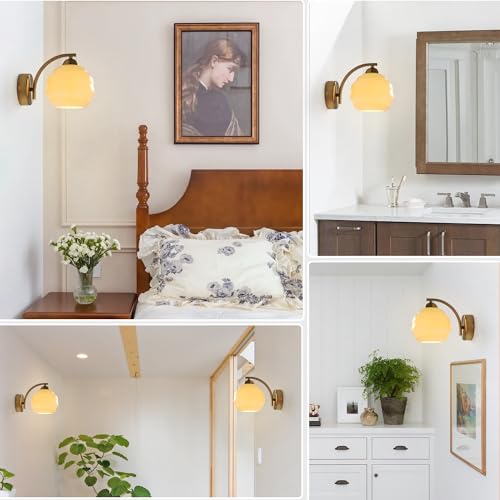 Image of Brushed Brass Wall Sconces 1 Light Mid Century Modern Antique Gold Wall Light Fixture with Yellow Globe Glass Shade Industrial Indoor Wall Lamps for Mirror Bedroom Hallway MCL13GD-1 (1 Pack)