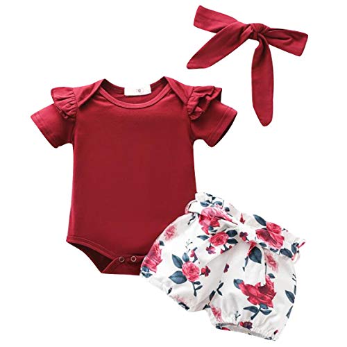Image of Baby Girls 3PCS Infant Toddler Clothes Romper Bodysuit Floral Halen Short Tops Pants Clothing Sets Headband Outfits
