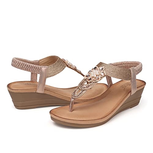 Shibever Boho Summer Wedge Sandals For Women Dressy Summer Thong Elastic Ankle Strap Comfortable Walking Slip On Shoes Champagne 8 #TOP11