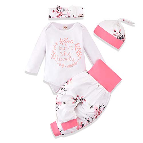 Honykids 3PCS Newborn Baby Girl Romper Jumpsuit Bodysuit +Pants Shorts+Headband Outfit Set (0-6 Months, L-Isn't she Lovely)