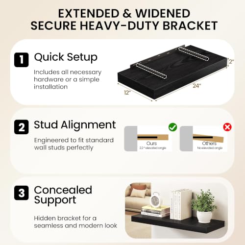 Image of Fun Memories Black 40 Inch Floating Shelves 2 Pack, 12 inch Deep Wall Shelves with Invisible Brackets