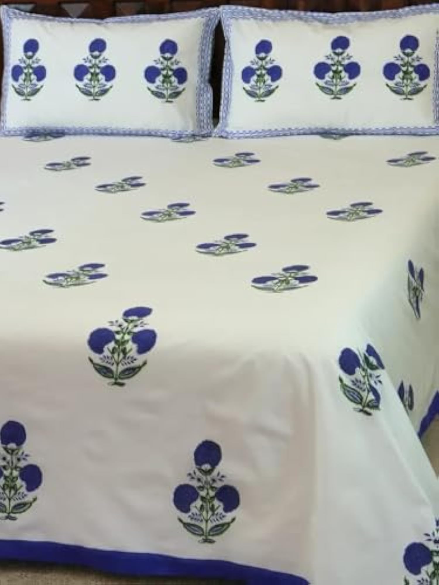 Hand Block Printed Iris Percale Cotton Bedsheet, with Pillow Covers, (King)