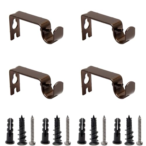 Juvielich 4Pcs Curtain Rod Bracket,Iron Single Holder Supportor Curtain Rod Hooks for Drapes Decorative Fit for 13-16mm Rod Brown