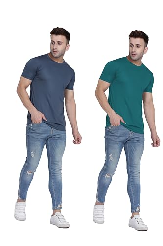Image of TQH Men Dri Fit Polyester Half Sleeve Round Neck Multicolor t Shirts - Combo Set of 2