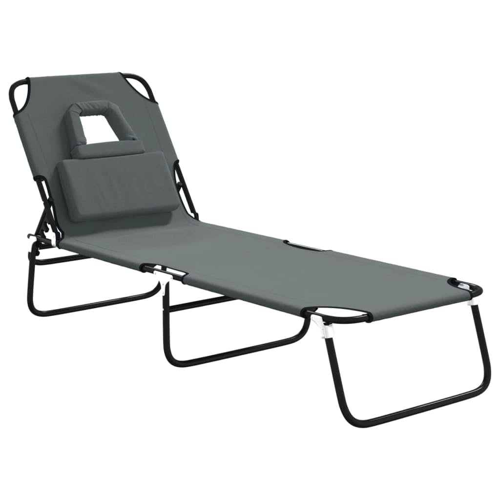 vidaXL Folding Sun Lounger, Sunbed for Garden, Deck Chair with Pillow, Chaise Lounge Chair, Modern Style, Grey Oxford Fabric and Powder-coated Steel