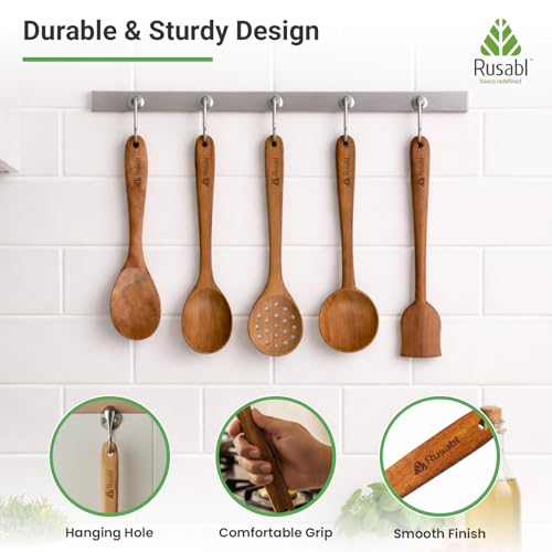 Image of Rusabl Pack of 5 Neem Wood Spatula, Spoonula, Slotted Spoon, Ladle, | Serving Spoon, Seamless Design Non Stick Cookware for Cooking and Baking