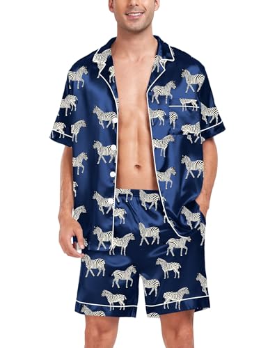 Image of SWOMOG Satin Matching Pajamas Sets Couple Silk Button Down Nightwear Women & Men Short Sleeve Sleepwear 2 Pieces Loungewear