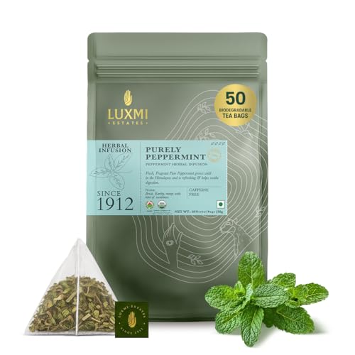 Image of Luxmi Estates Purely Peppermint Tea Bags (50 count) | USDA Certified Organic Caffeine Free Herbal Tea | Mint Tea Best for Night Time