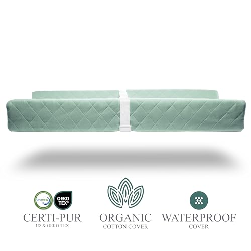 Image of Organic Cotton Covered Contoured Baby Changing Pad | Waterproof Foam Mattress, Soft, Removable & Washable Cover, Safety Strap, Non-Slip Bottom, Topper for Standard Size Infant Diaper Table & Dresser