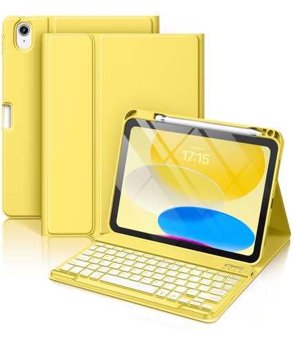 Hamile for iPad 11th 10th Generation Case with Keyboard - 7 Colors Backlit Wireless Detachable Folio Keyboard Cover with Pencil Holder for iPad 11-inch A16 2025 10th Gen 10.9 Inch 2022 (Yellow)