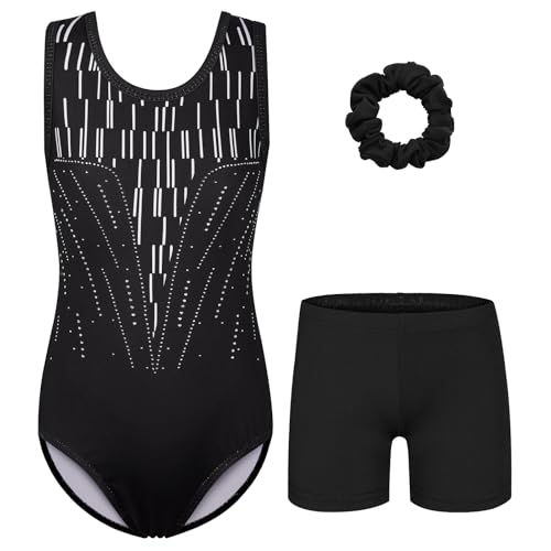 BAOHULU Girls Gymnastics Leotards with Active Shorts Sparkly Tank Biketards Toddler Kids Dance Practice Outfit KHB393_BlackWhite_10A