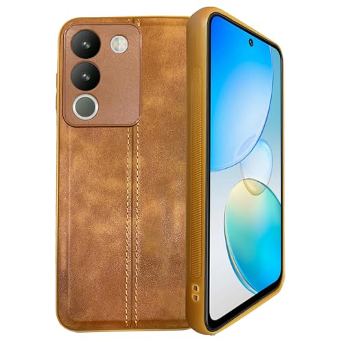 Image of A rtistque Premium Thread Leather Back Cover Case for Vivo Y200 5G | Drop Protection | Raised Camera Edges - Brown