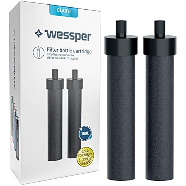 Wessper Clarti Filtr do Wody, 2-pak Filtr do Butelek Szklanych do Picia | Redukuje Chlor, Mikrocząsteczki i Inne Substancje Zakłócające Smak w Wodzie Kranowej