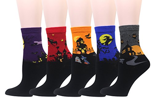 Wish Island Women's Halloween Socks Pumpkin Castle Casual Novelty Socks (Halloween - 5 pairs)