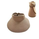 Summer Foldable Sun Visor Hats for Women, Portable Roll Up Ponytail Straw Beach Hat, Travel Packable Lady's Bowknot Wide Brim Cap with UPF 50+ UV Protection (Khaki)