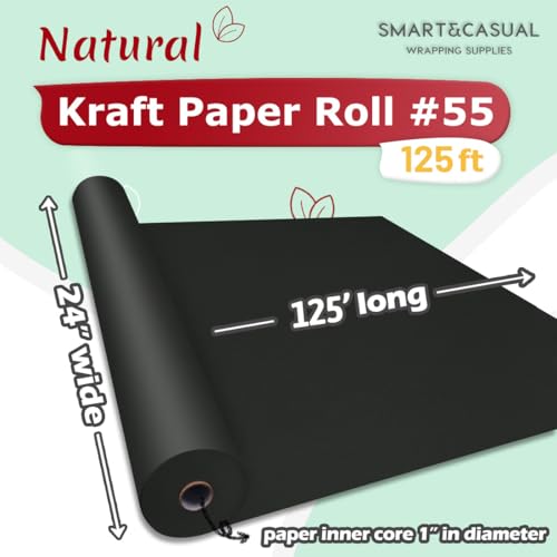 Image of SMART&CASUAL 24 inch x 1,500 inch (125') Black Kraft Craft Paper Roll for Gift Wrapping Bulletin Board Bouquet Flower Art Packing Parcel Table Covering 80GSM 55LB (Black, 24 inch x 125')