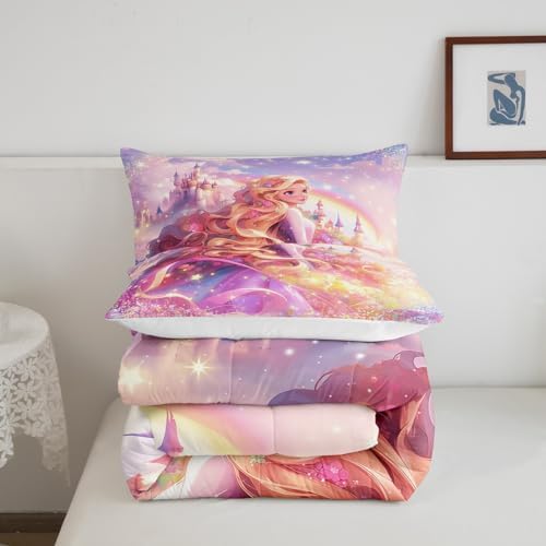 Princess Comforter Set for Boys Girls,Fairy Tale Dreamy Castle All Season Cozy Bedding Set Full Size,Watercolor Flowers Rainbow Starry Fantasy Girly Duvet Set Bedroom Decor — view 4