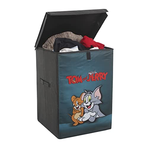 PrettyKrafts Tom & Jerry Folding Laundry Basket for Clothes with Lid & Handle (75 Litre, Green)