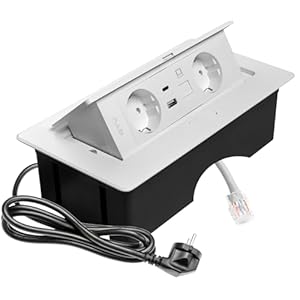 GTV – Einbausteckdose MULTISOFT weiß mit 2x Schuko, USB A+C, RJ45, versenkbar mit Abdeckung, 1,5 m Kabel, ideal für Schreibtisch, Konferenztisch oder Küchenarbeitsplatte