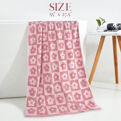 Jacquotha 2-Pieces Luxury Bath Towels Checkered Floral, Pink Shower Towel For Women Girls 27.5X55 Inches thumb #3